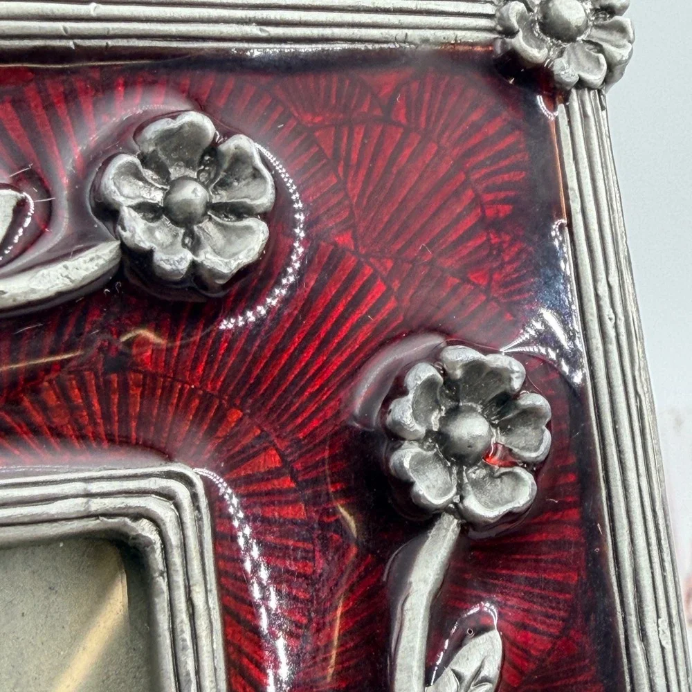 Vintage Style Red Enamel Floral Metal Picture Frame 5x7 Heavy Pewter Tone Ornate